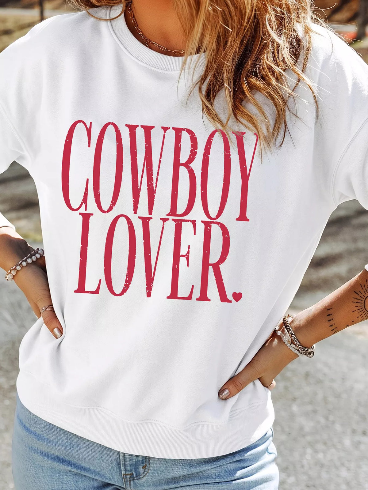 Cowboy Lover Graphic Crewneck Sweatshirt in white, front view