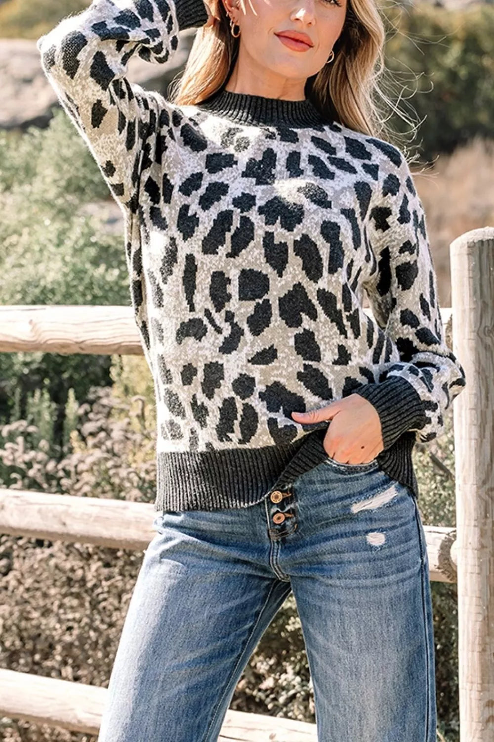 Trendsi Leopard Drop Shoulder Baggy Sweater -