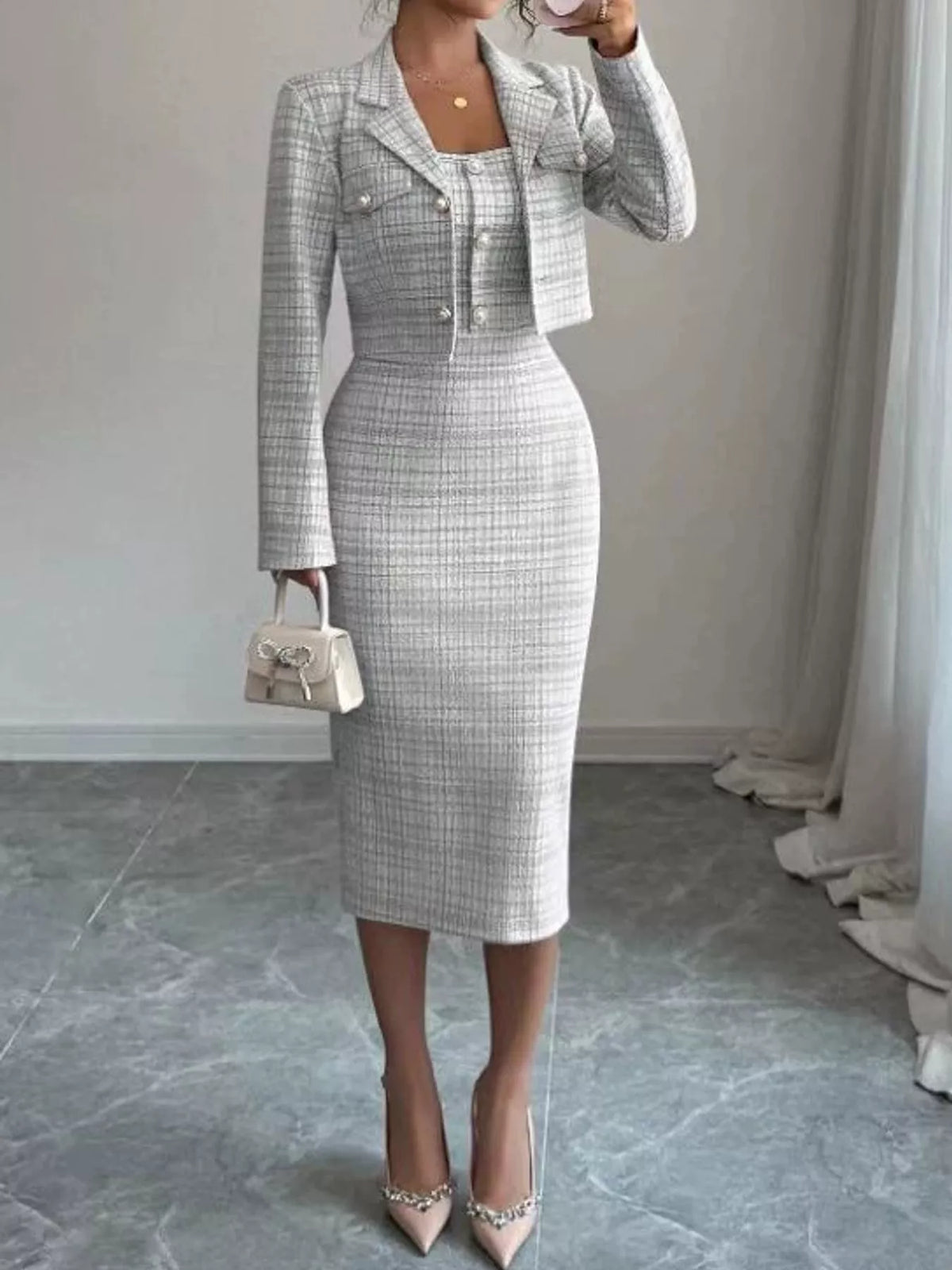Tweed dress and cardigan set, gray front