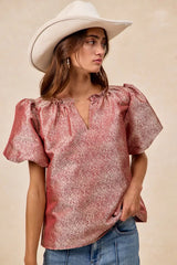 Trendsi BiBi Jacquard Woven Short Balloon Sleeves V Neck Top -