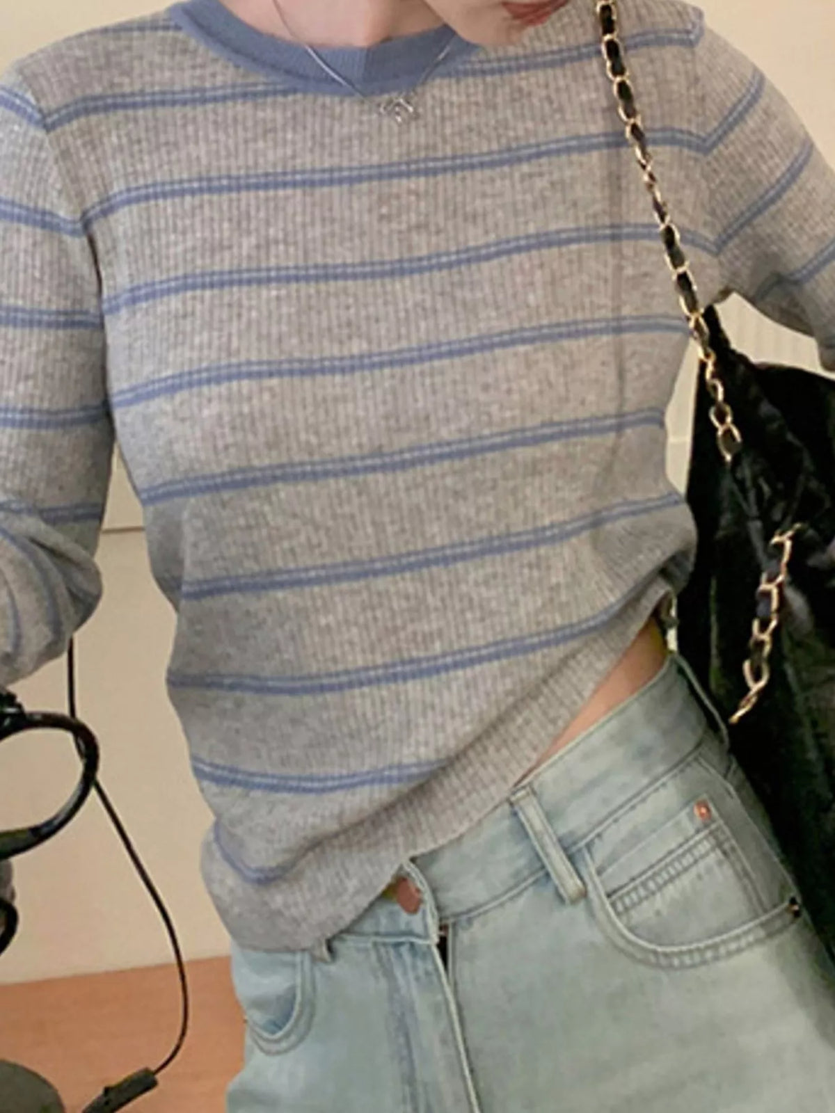 Striped Round Neck Ribbed Knit Top, detail view in gray and blue