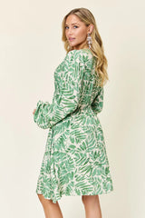 Trendsi Double Take Full Size Printed Ruched Balloon Sleeve Dress -