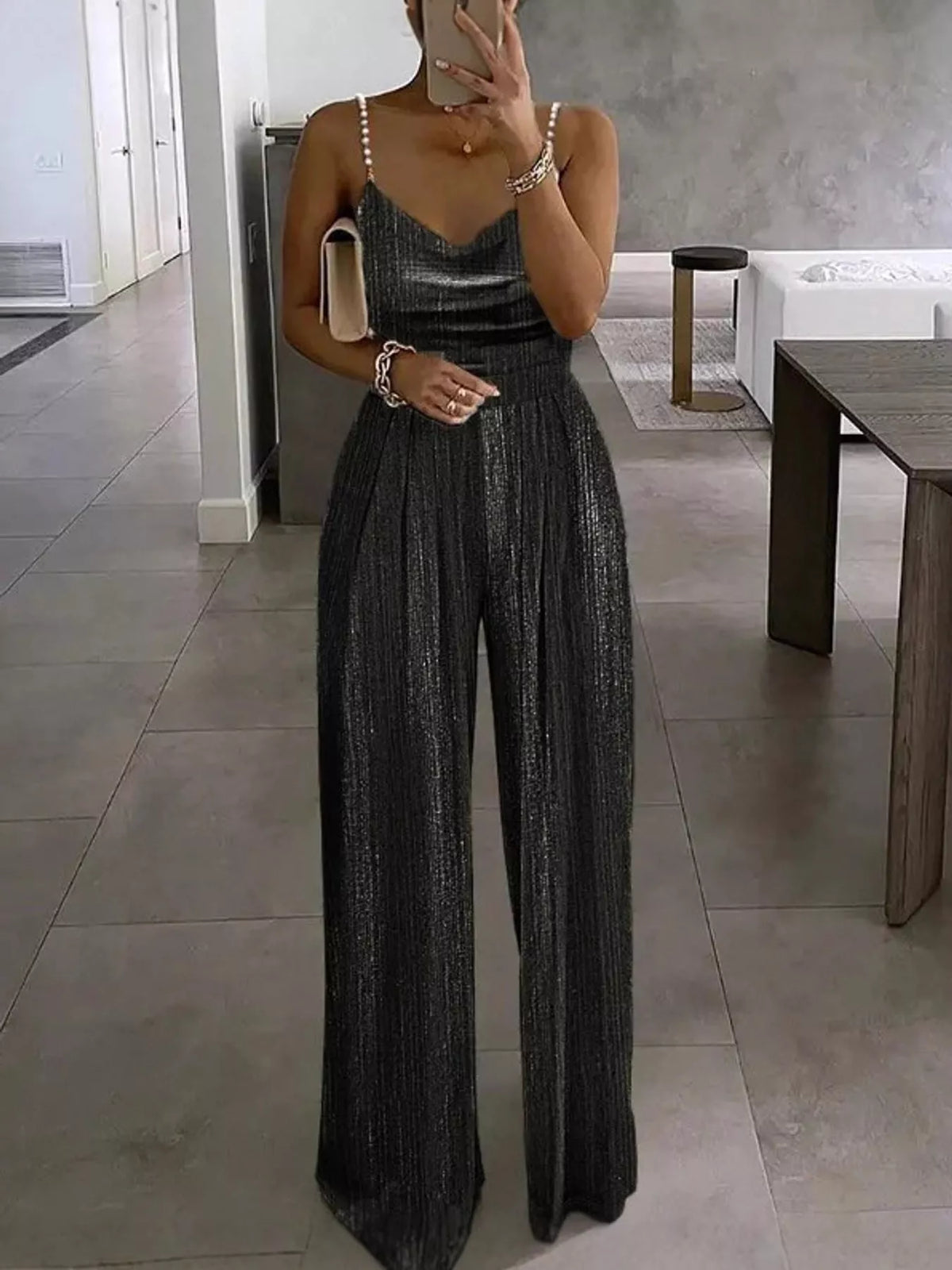 Metallic Wide-Leg Jumpsuit with Pearl Strap Detail in charcoal gray