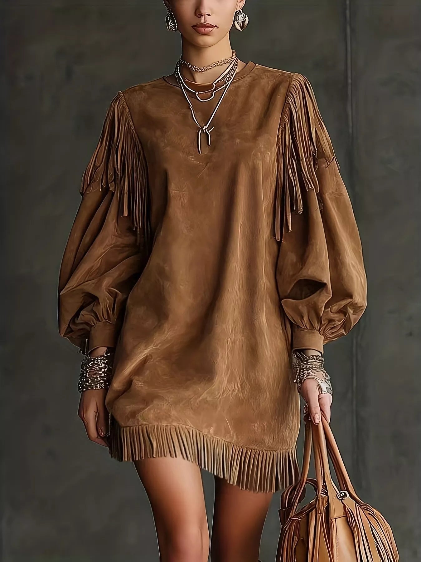 Trendsi Fringe Detail Lantern Sleeve Mini Dress -