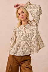 Trendsi BiBi Floral Printed Peplum Blouse with Shirring and Tied -