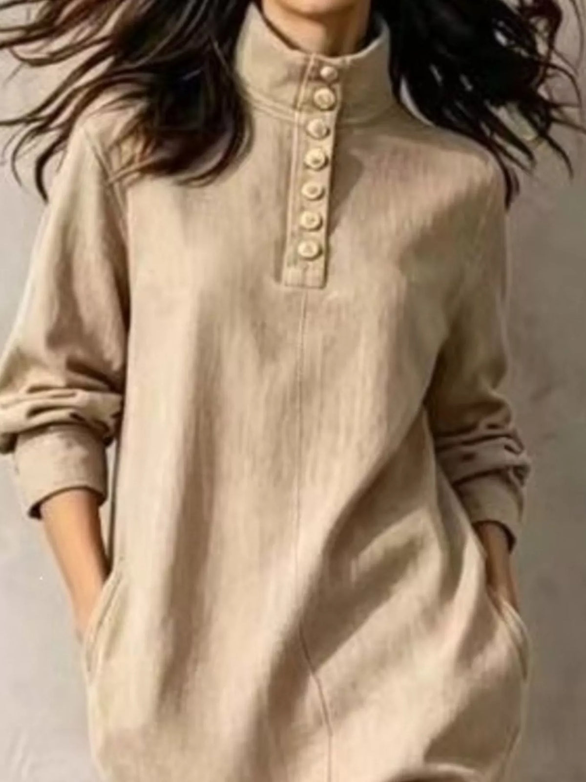 Mandarin neck long sleeve midi dress, construction and design details