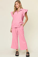 Trendsi Double Take Texture Ruffle Short Sleeve Top and Drawstring Wide Leg Pants Set -