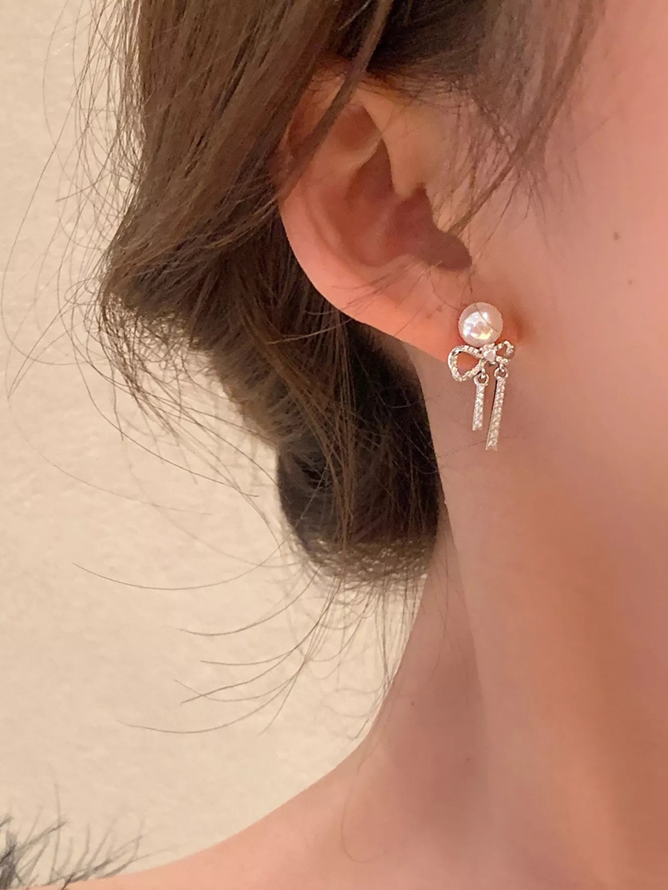 Women's Pearl Bowknot Drop Earrings 925 Sterling Silver Zircon