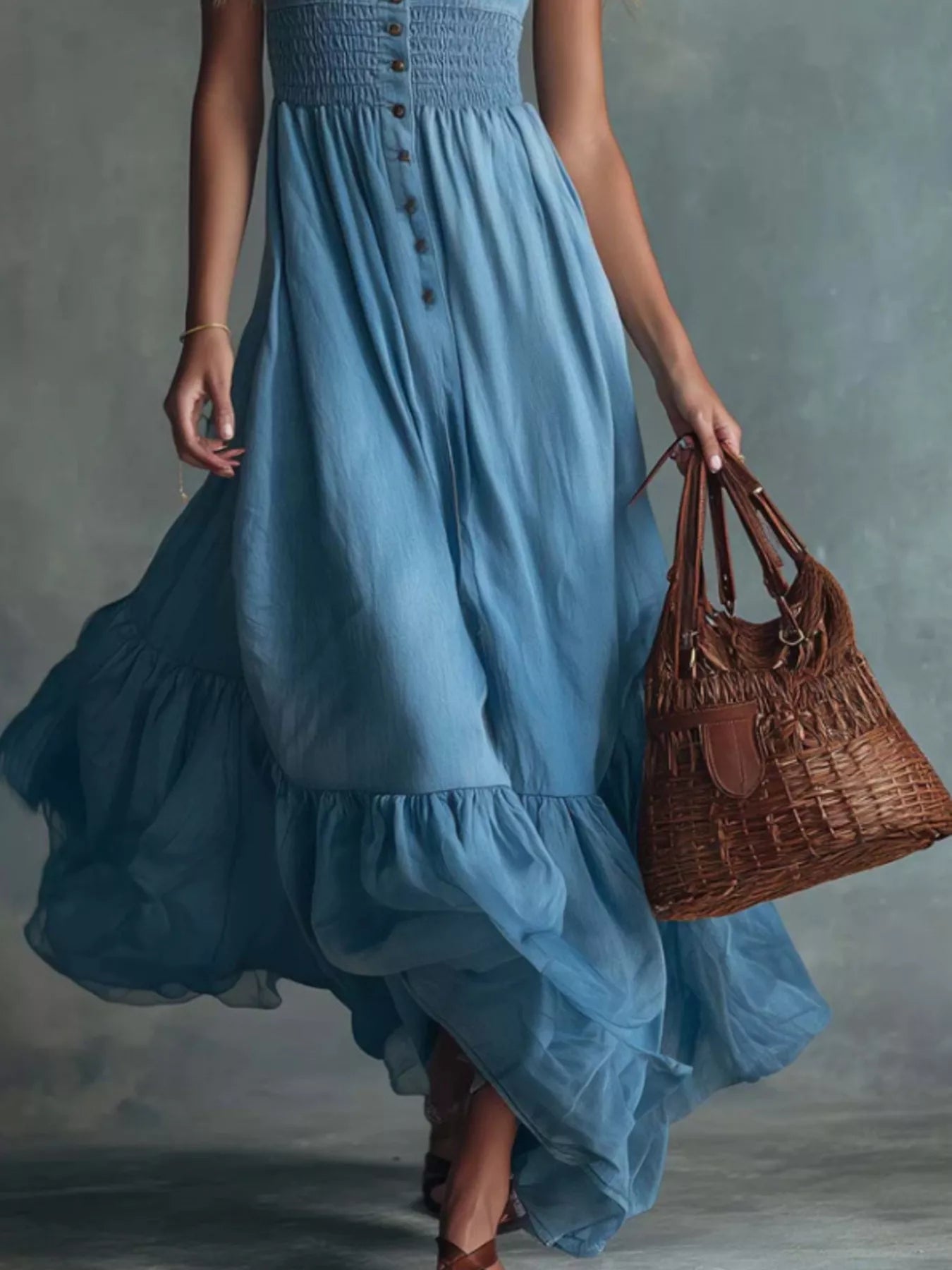 Trendsi Smocked Button Front Denim Maxi Dress -