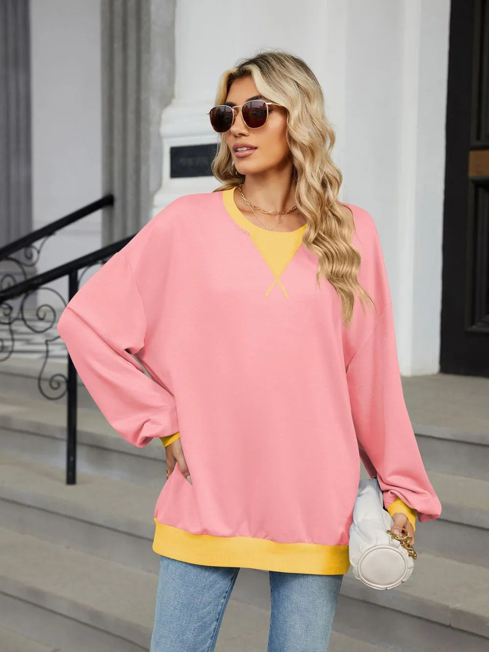 Trendsi Contrast Round Neck Long Sleeve Sweatshirt -