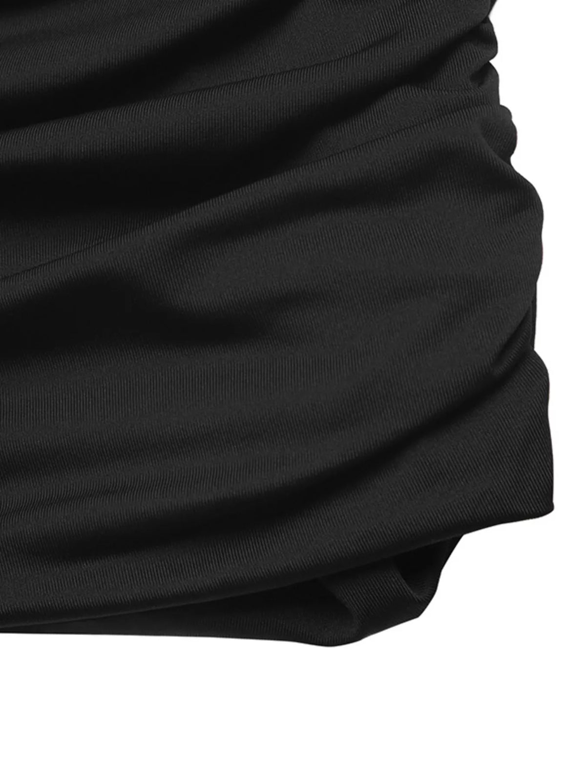 Black flounce sleeve ruched mini shirt dress, ruched skirt detail