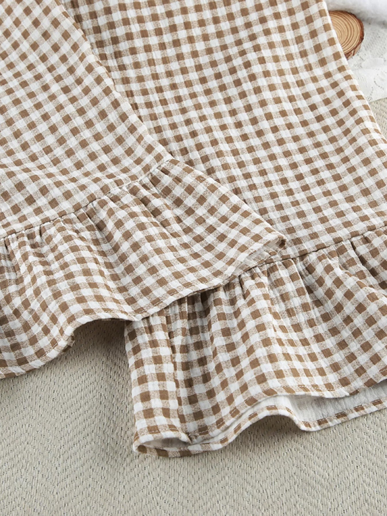 Trendsi Gingham Ruffle-Trim Top and Pants Lounge Set -