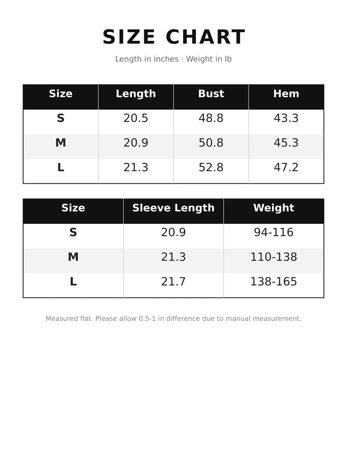Multi Pockets Zip-Up Jacket — size and measurement chart