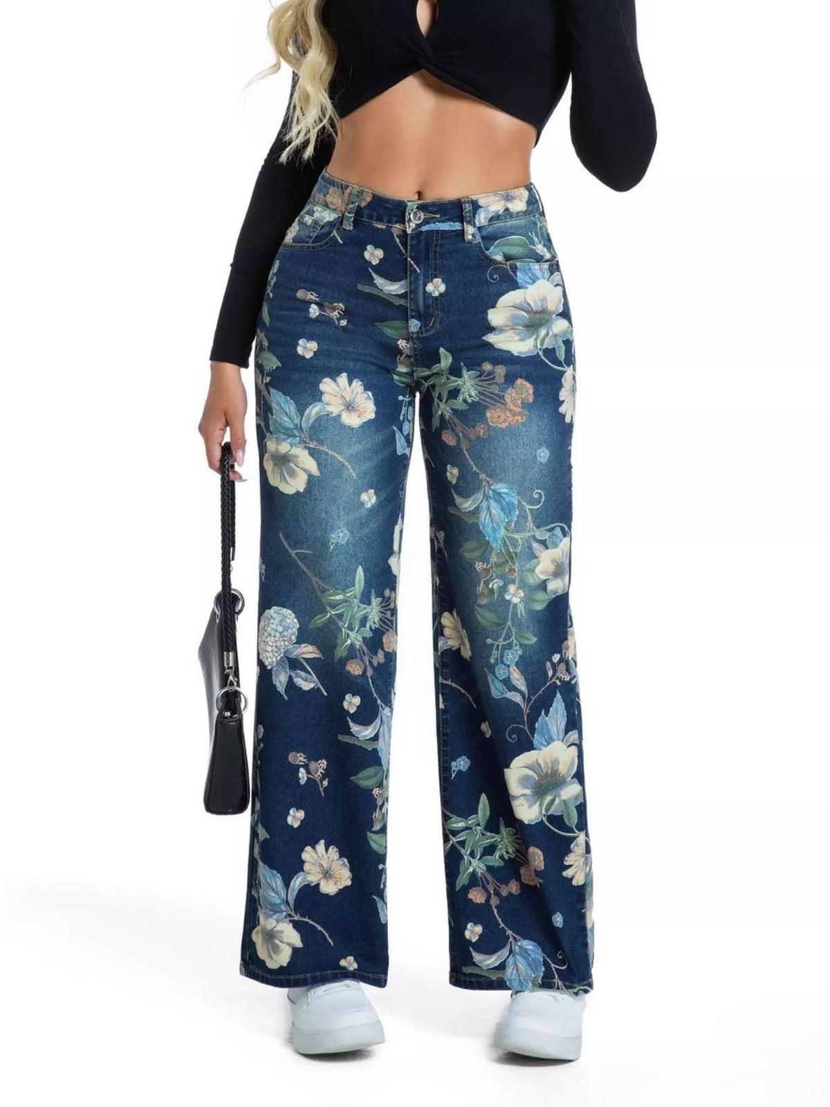 High-Waisted Floral Print Wide-Leg Jeans, front view