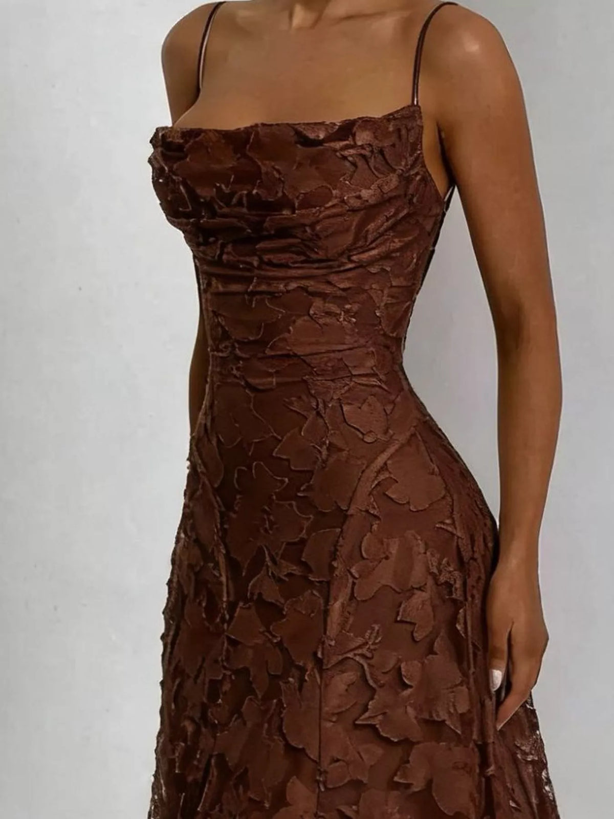 Cowl neck spaghetti-strap maxi dress, construction and design details