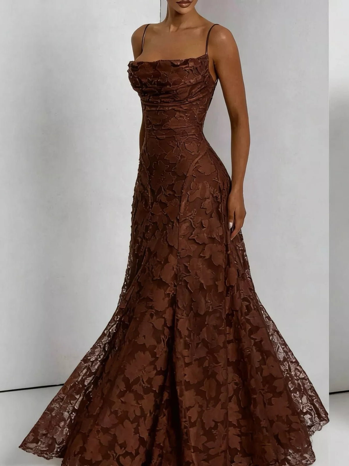 Cowl neck spaghetti-strap maxi dress, front view on model