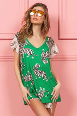 Trendsi BiBi Tiger Printed Jersey Block T-Shirt with Aztec Trim -