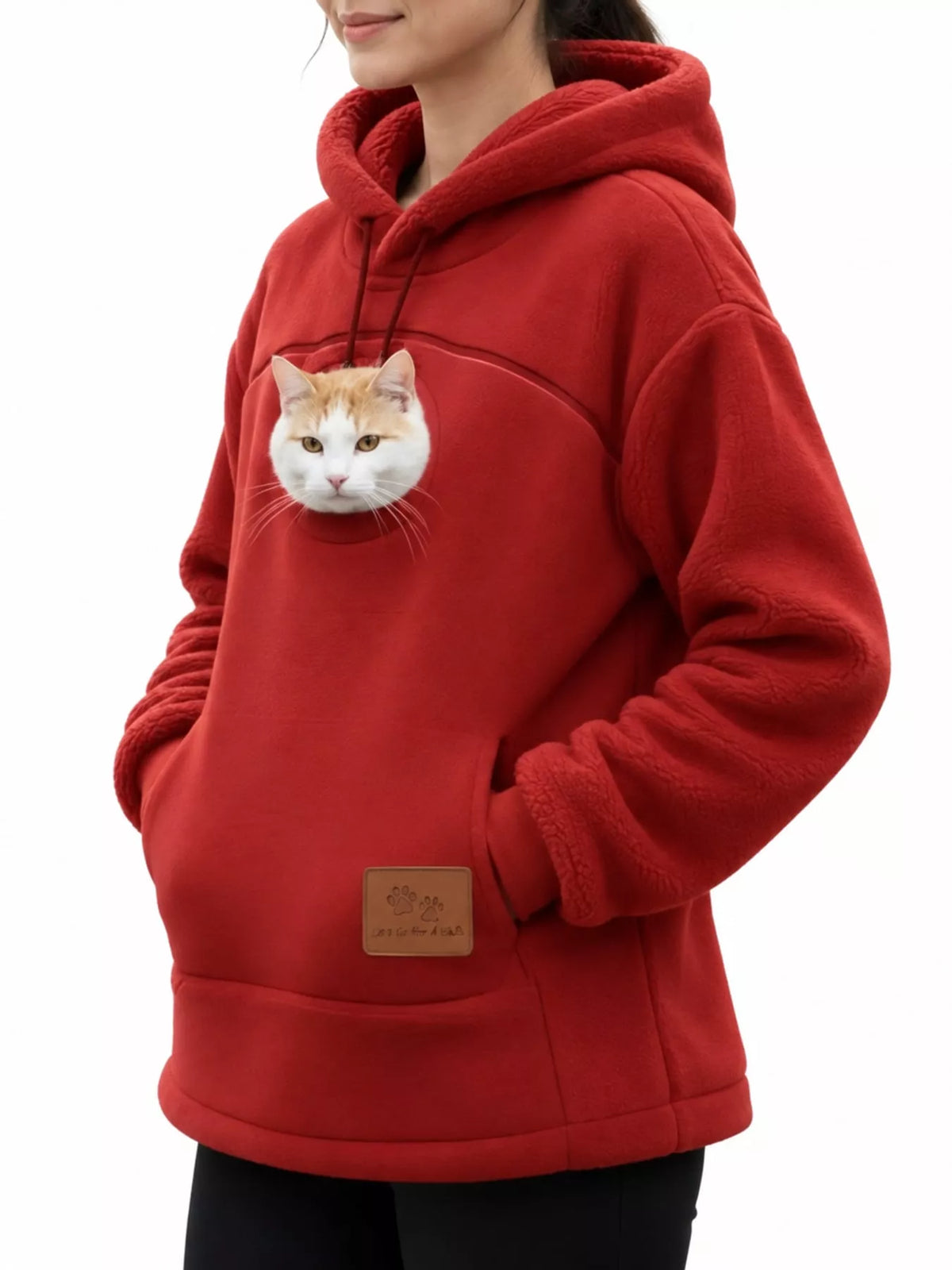 Pet-pouch hoodie, red front with cat in pouch