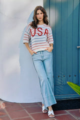 Trendsi SO ME Usa Stripe Knit Short Sleeves Sweater Top -