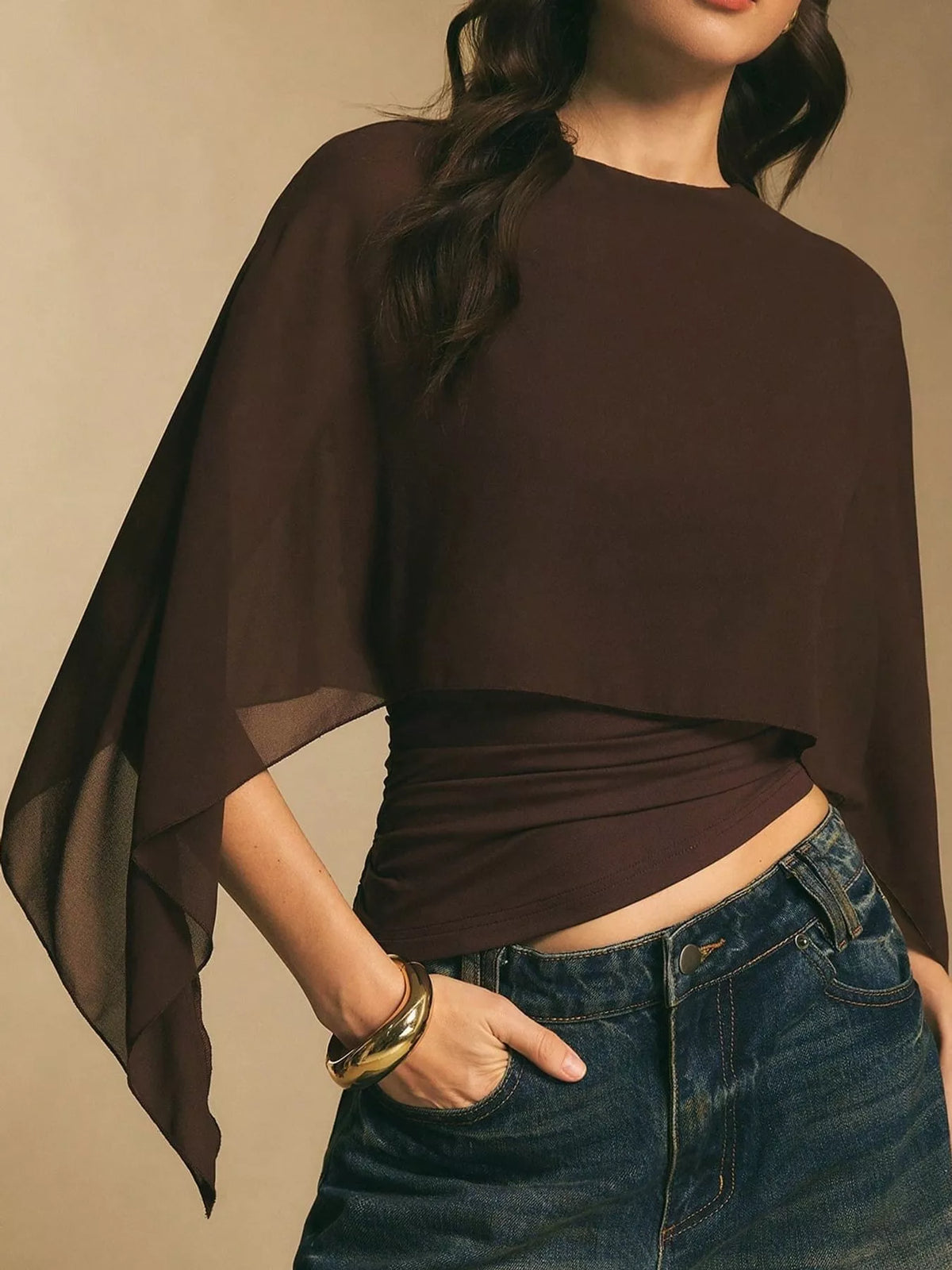 Coffee cape sleeve round neck blouse