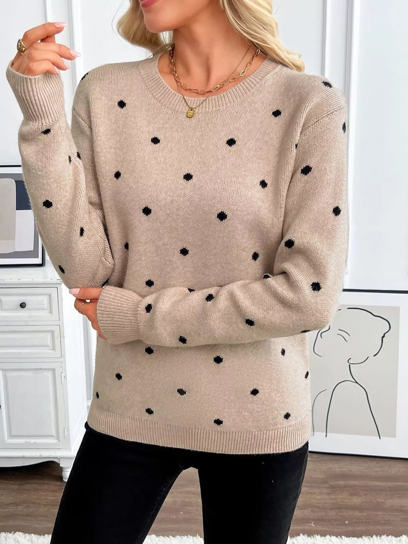 Trendsi Polka Dot Crew Neck Sweater -