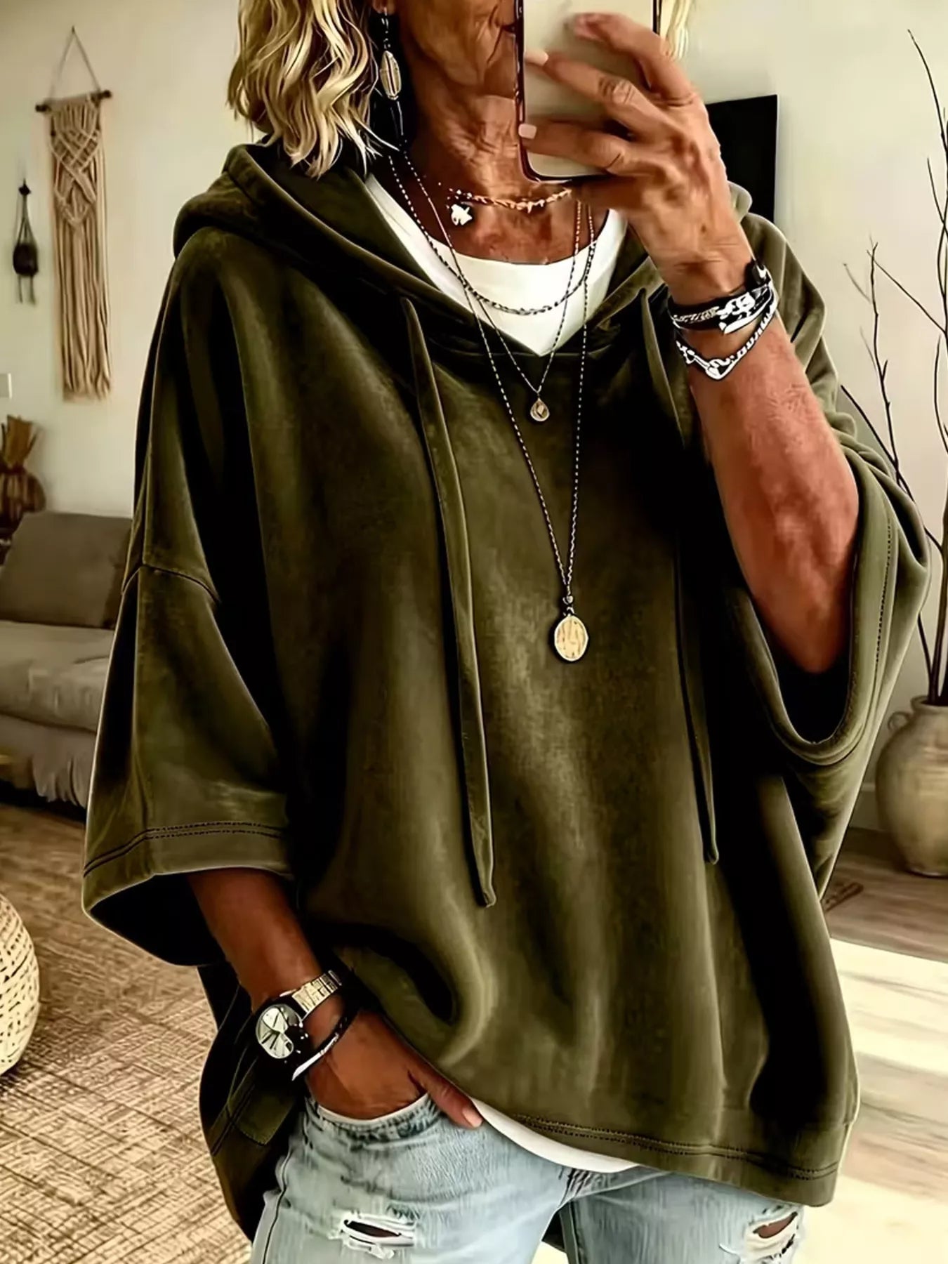 Trendsi Velvet Loose Fit Hoodie with Drawstring -