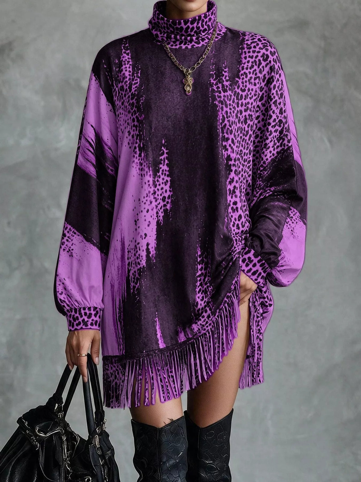 Leopard fringe dress, purple front