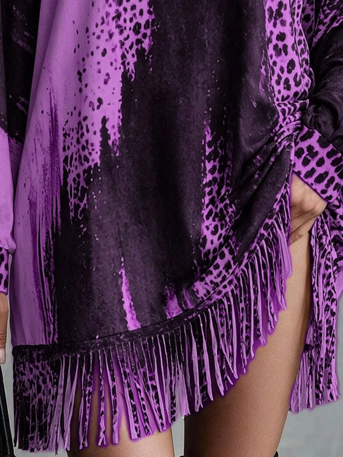 Leopard fringe dress, purple fringe hem detail