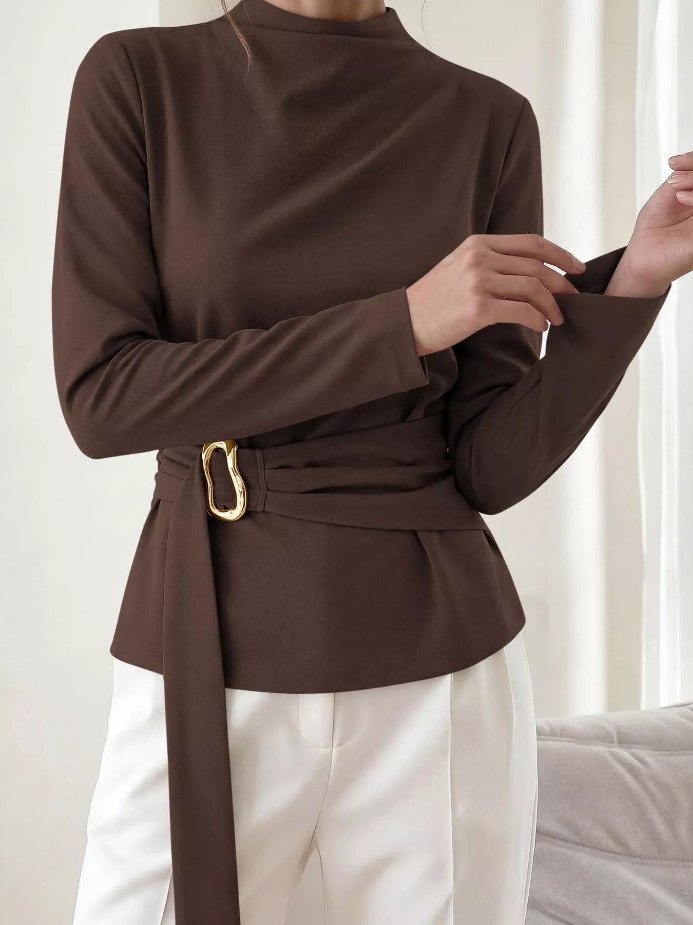 Trendsi Mock Neck Blouse with Waist-Defining Metal Buckle Detail -