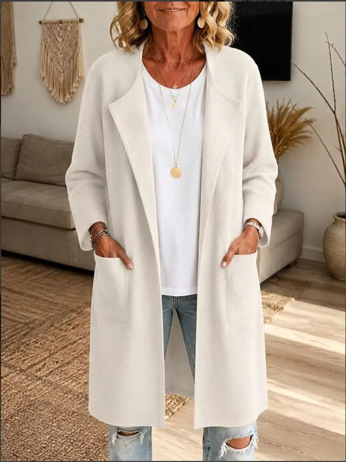 White open-front longline knit cardigan