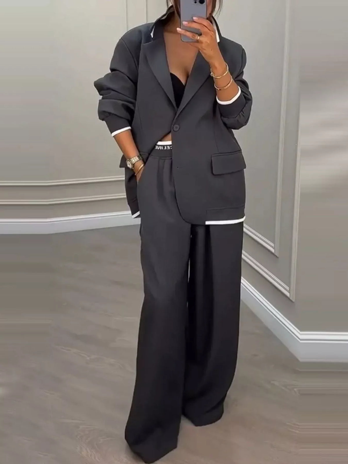 Dark Gray contrast-trim blazer and wide-leg pants set