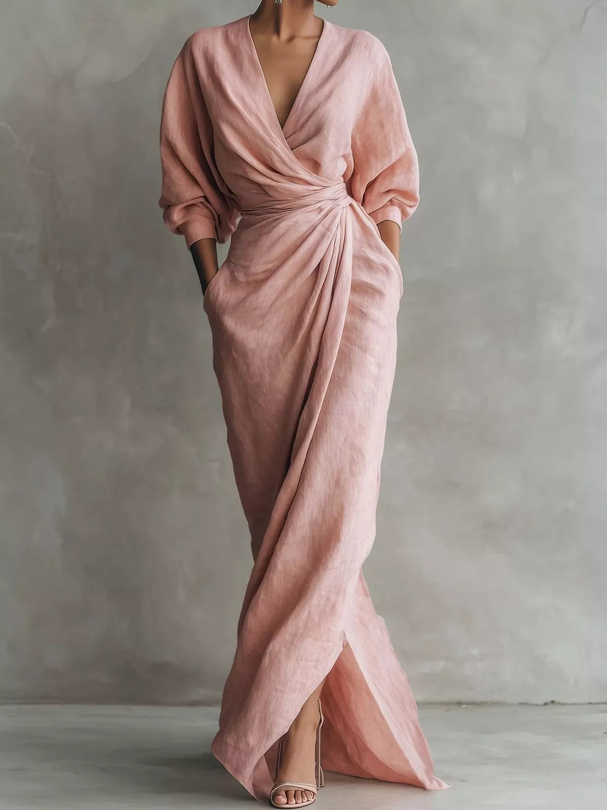 V-neck 3/4 sleeve maxi dress, front view on model