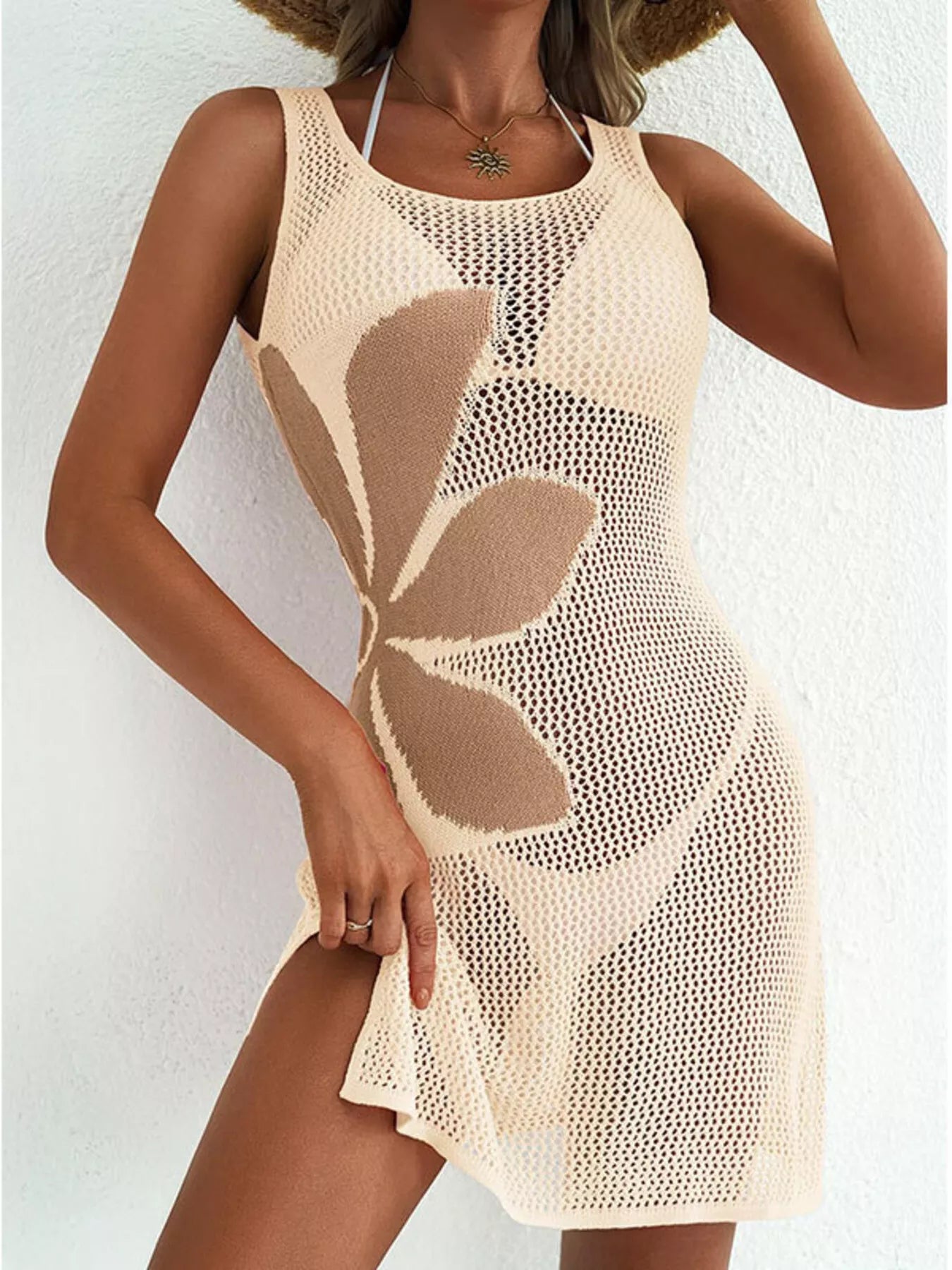 Trendsi Side Slit Flower Crochet Knit Cover Up Dress -