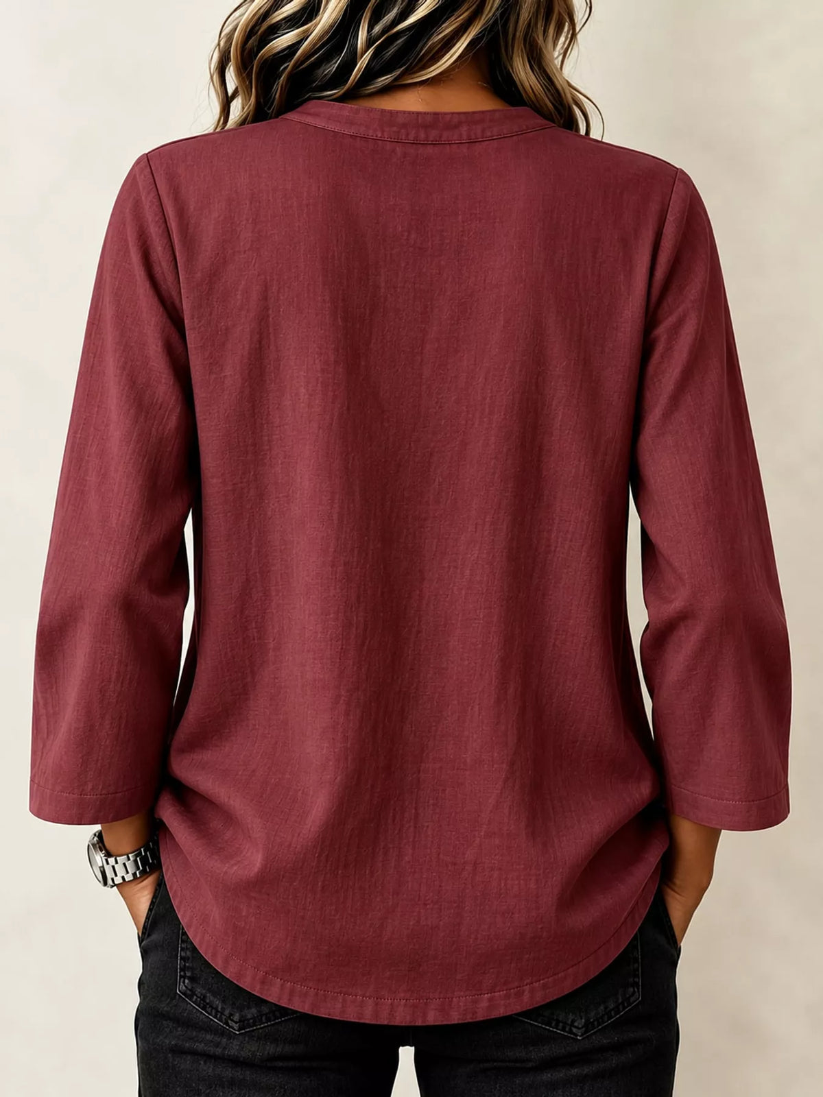 Chinese Style Mandarin Collar Blouse in burgundy, back view