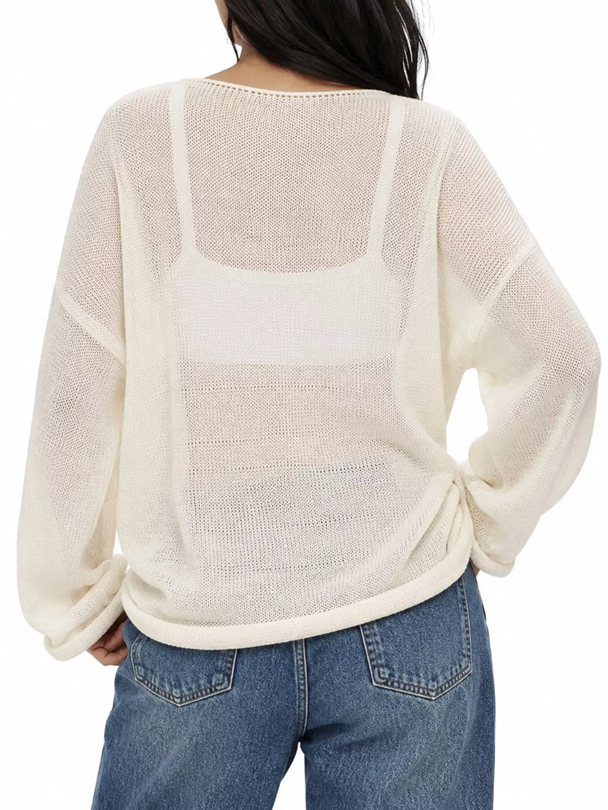 Ivory sheer openwork knit long sleeve top, back view