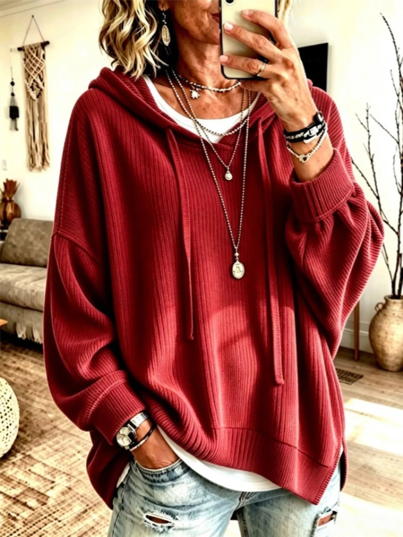 Trendsi Drawstring Ribbed Knit Hoodie -