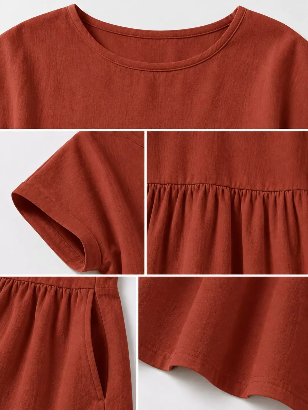 Round neck short sleeve midi dress, construction and design details