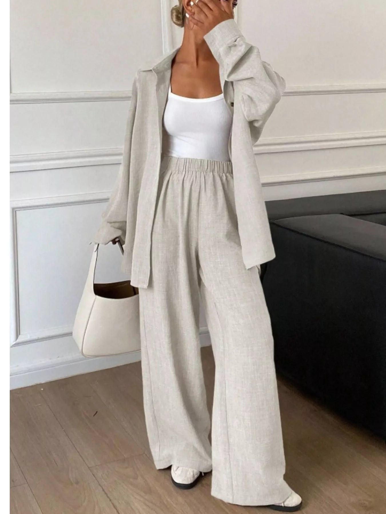 Trendsi Button Up Long Sleeve Shirt and Wide Leg Pants Set -