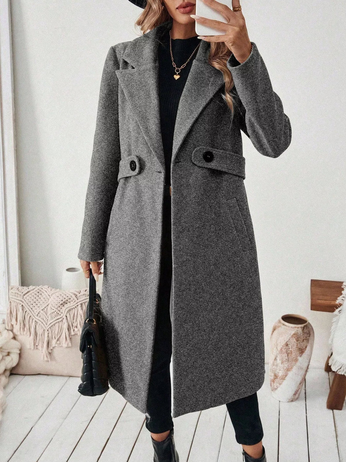 Gray lapel-collar longline coat, open front, mirror view