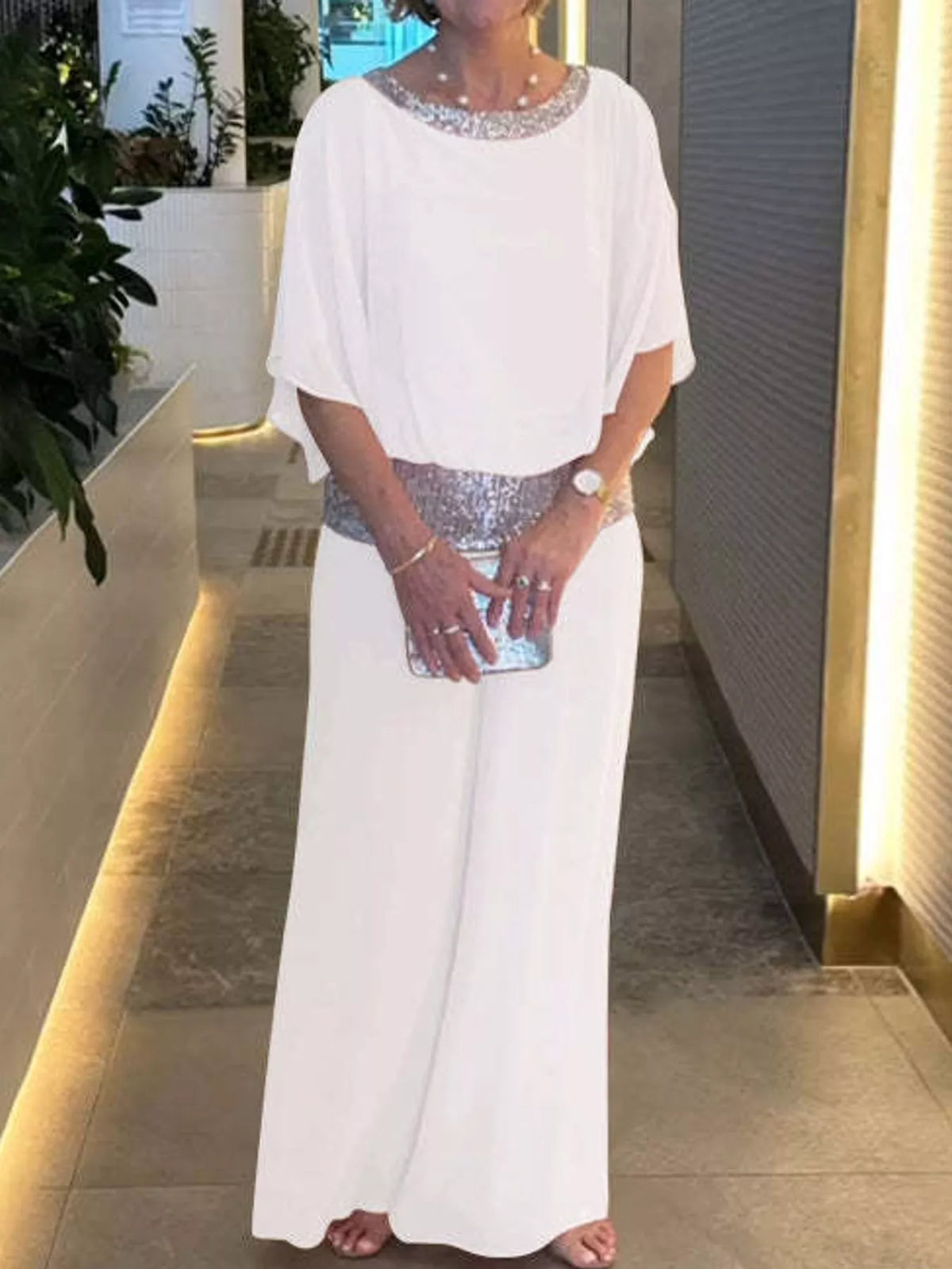Chiffon Top and Wide-Leg Pants Set — front view