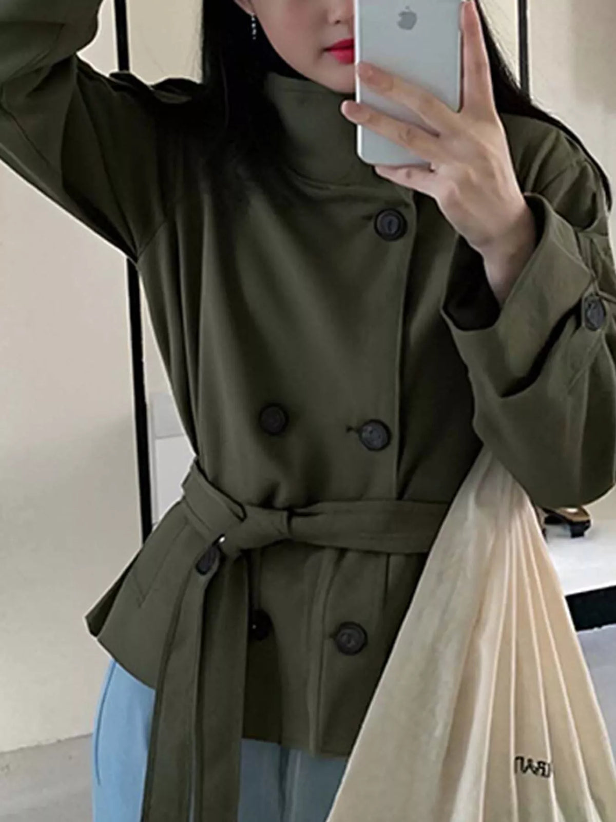 Women's Double-Breasted Belted Trench Coat in olive — front view