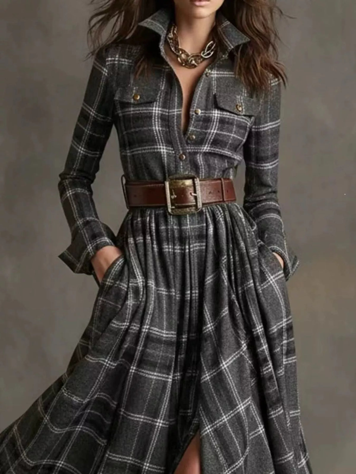 Vintage Plaid Button-Down Maxi Shirt Dress in gray and black