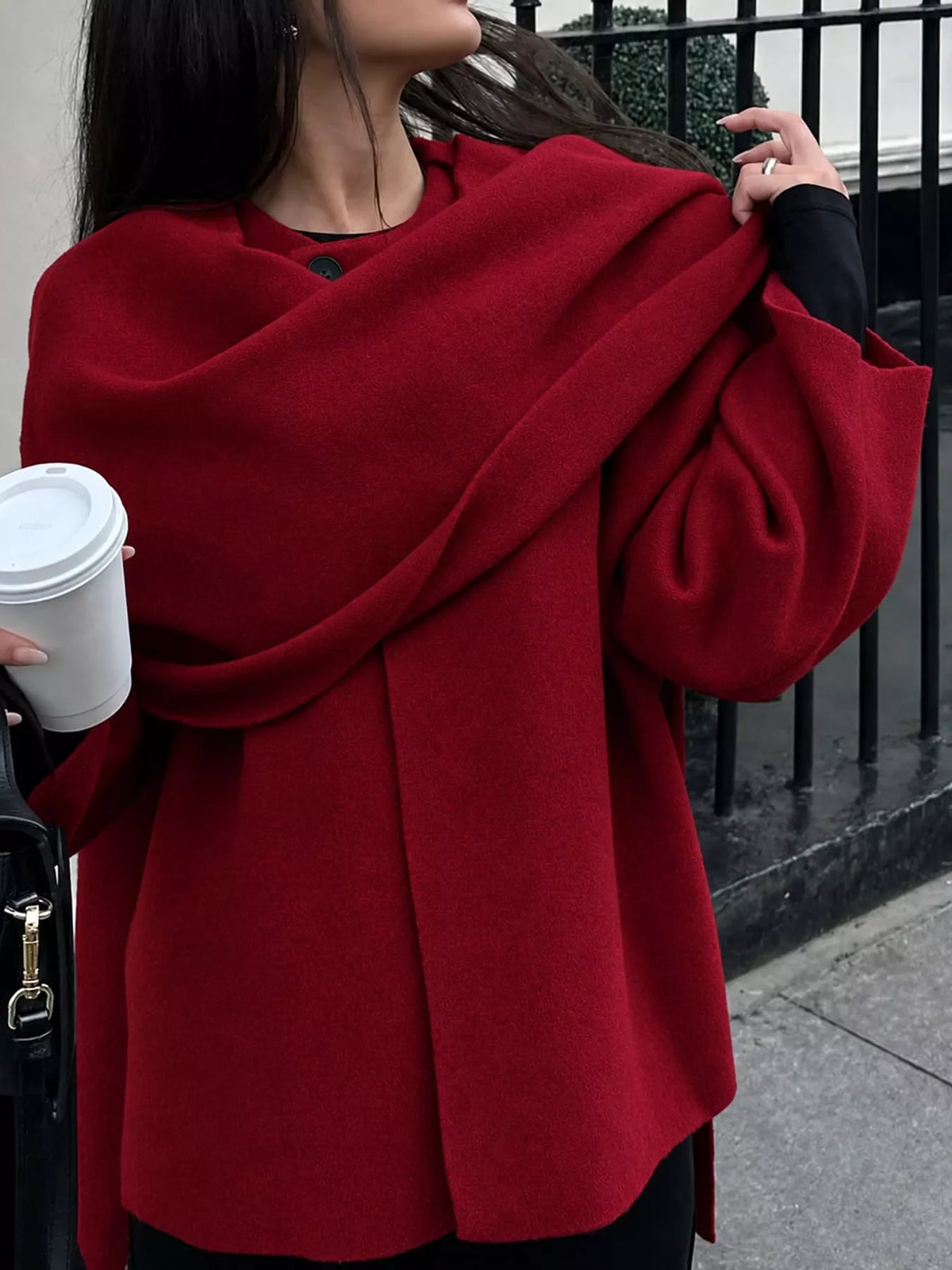Oversized Drape-Front Knit Cardigan — front view