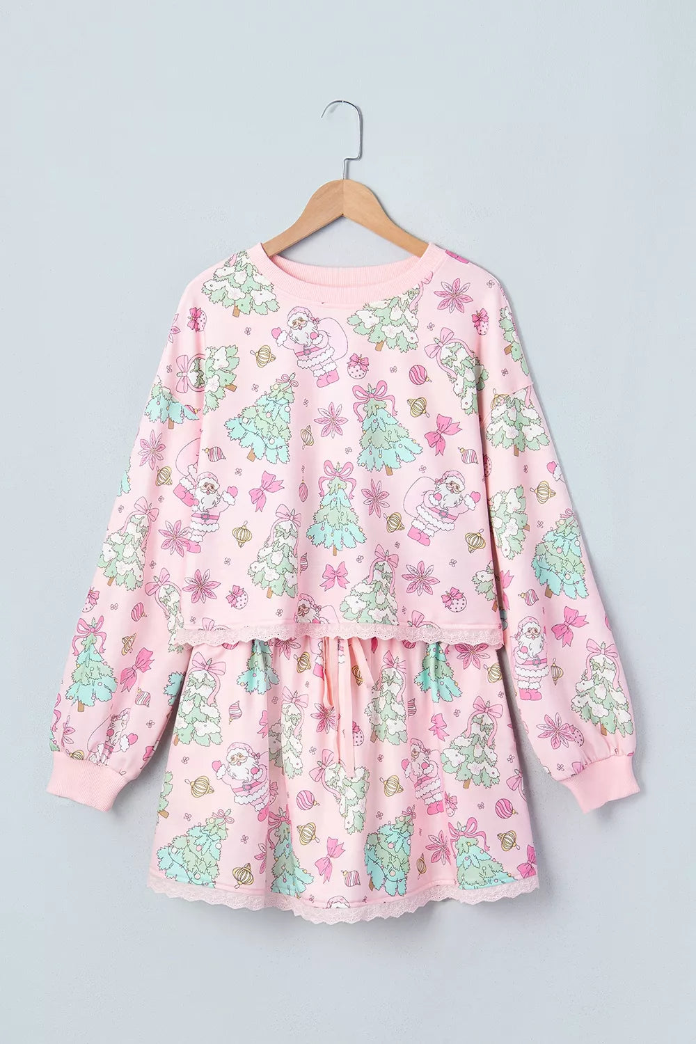 Trendsi Floral Print Lace Trim Long Sleeve Top and Skirt Set -