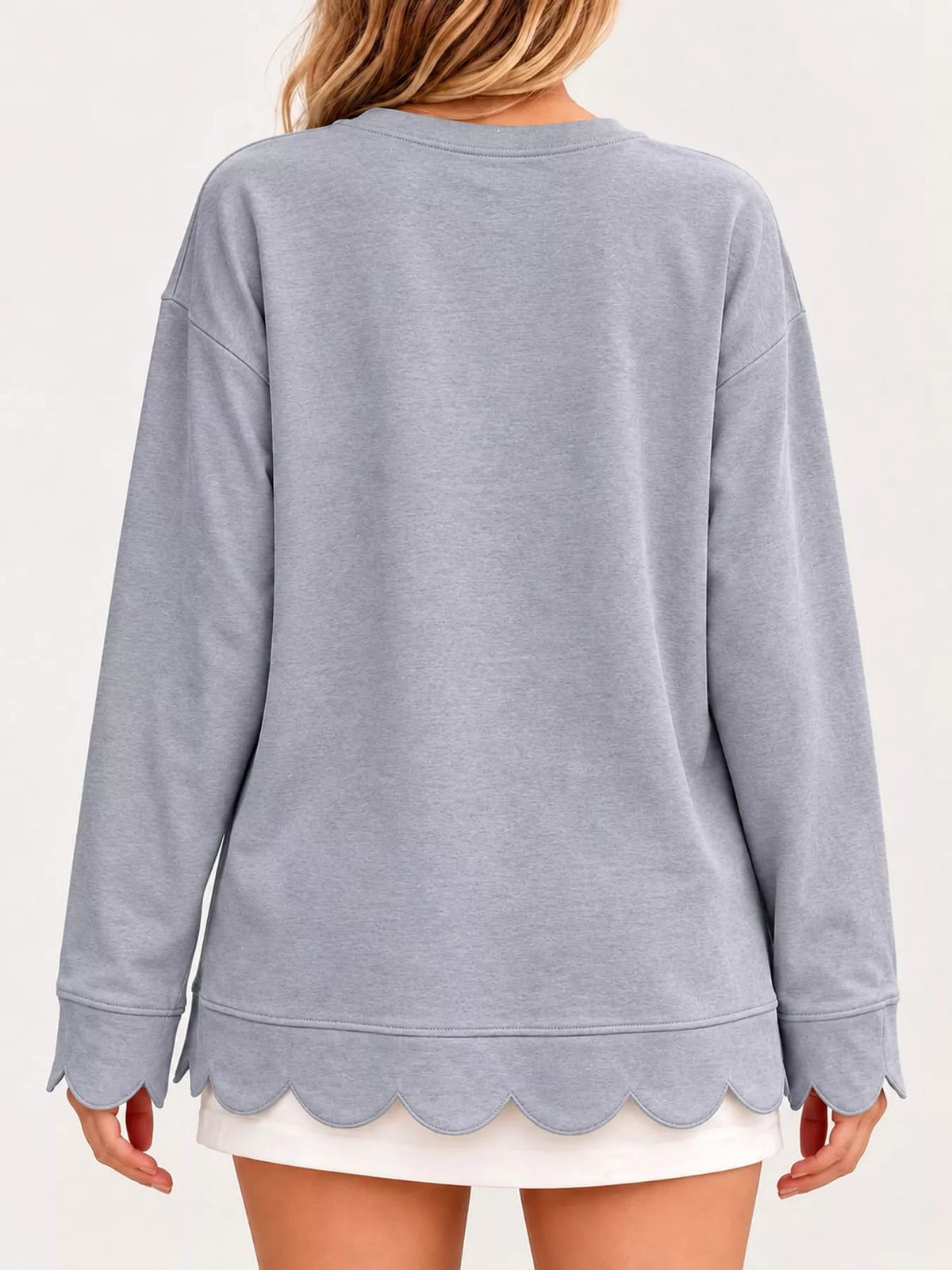 Light Gray scalloped hem crewneck sweatshirt, back view