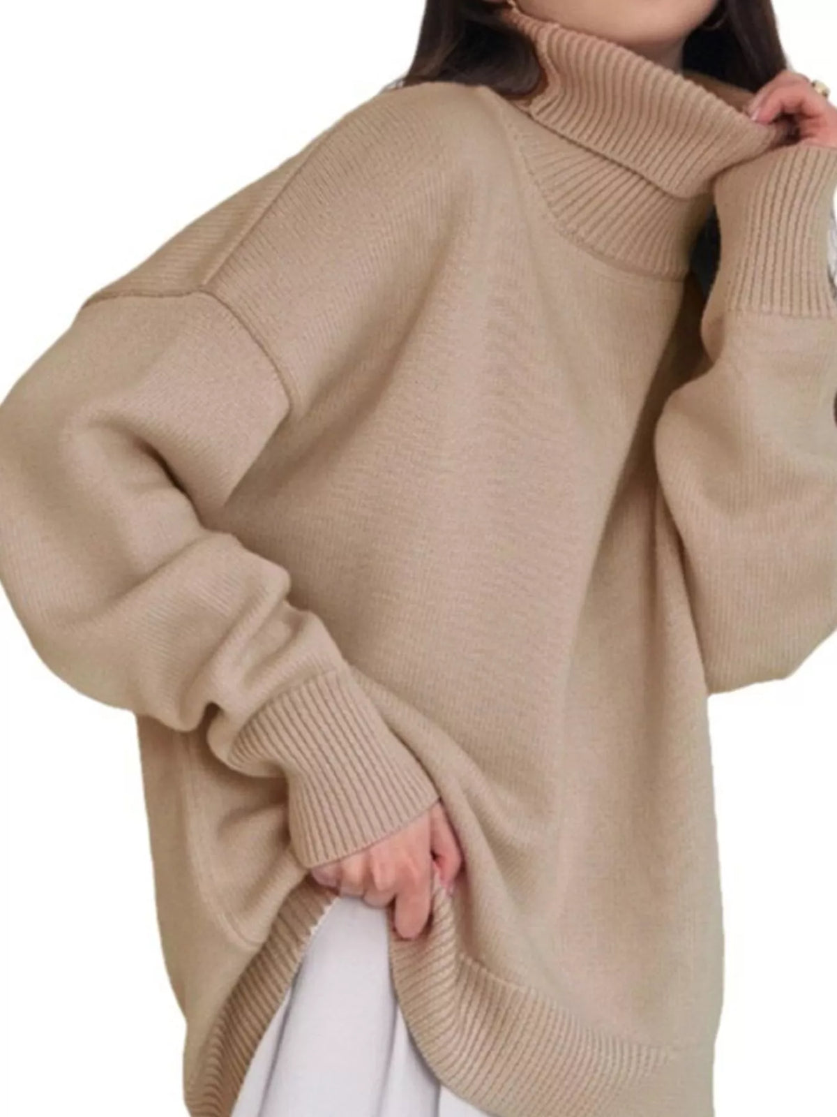 Oversized Turtleneck Drop Shoulder Sweater — front view