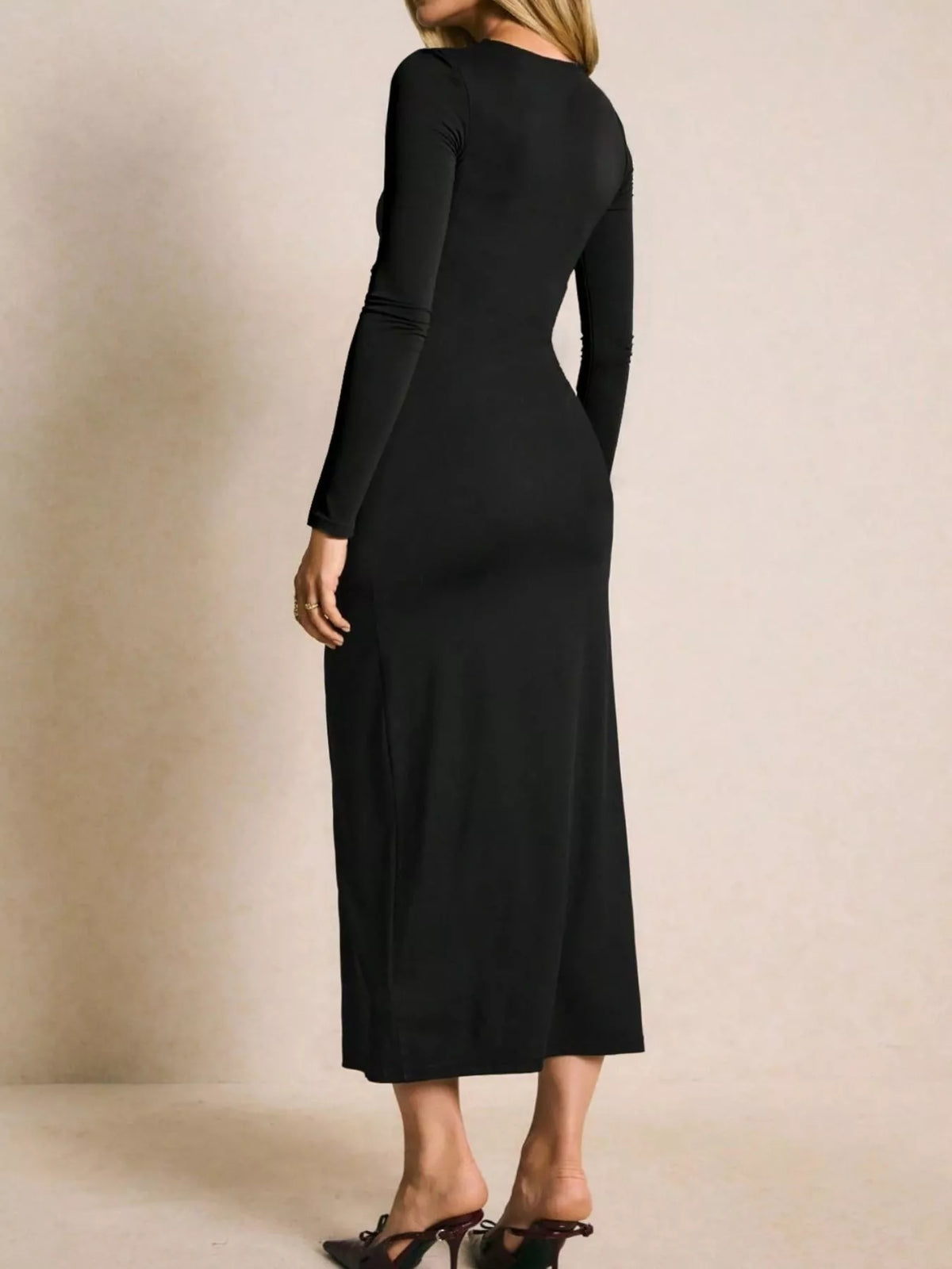 Ruched slit long-sleeve bodycon dress