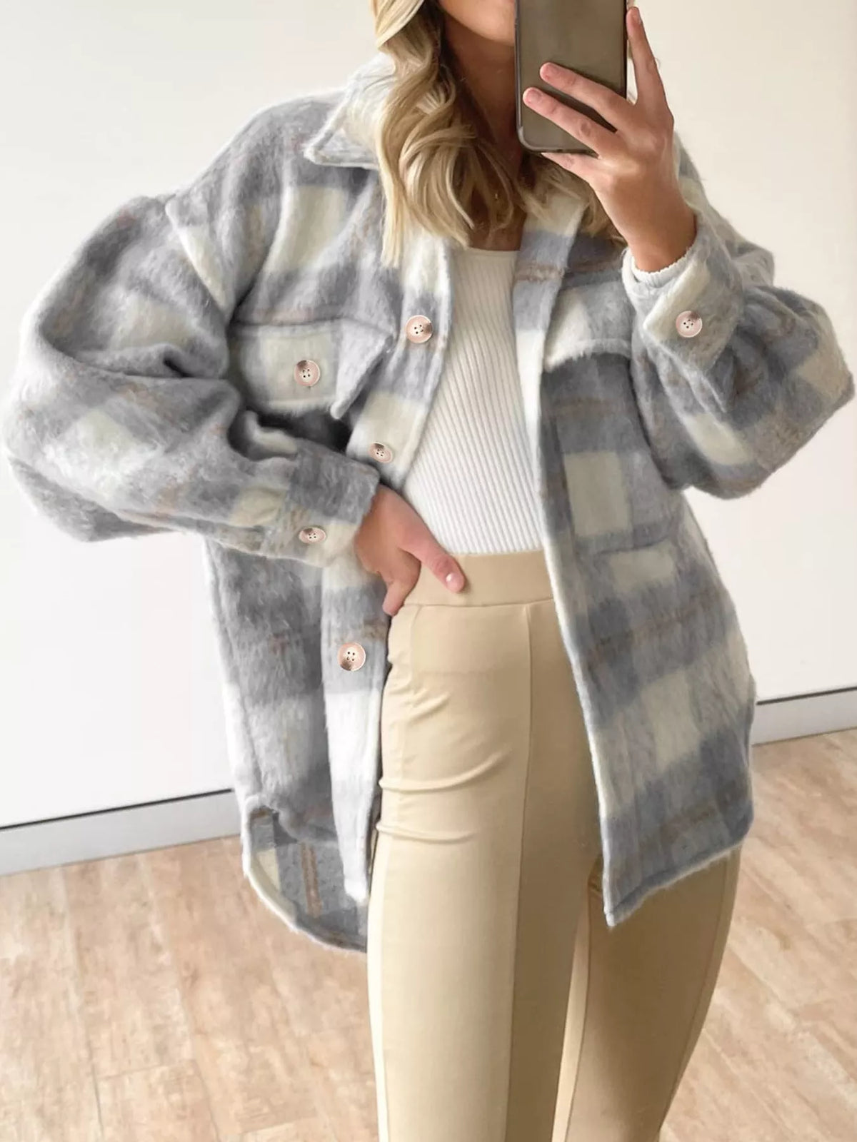 Gray and white plaid button down jacket, front view