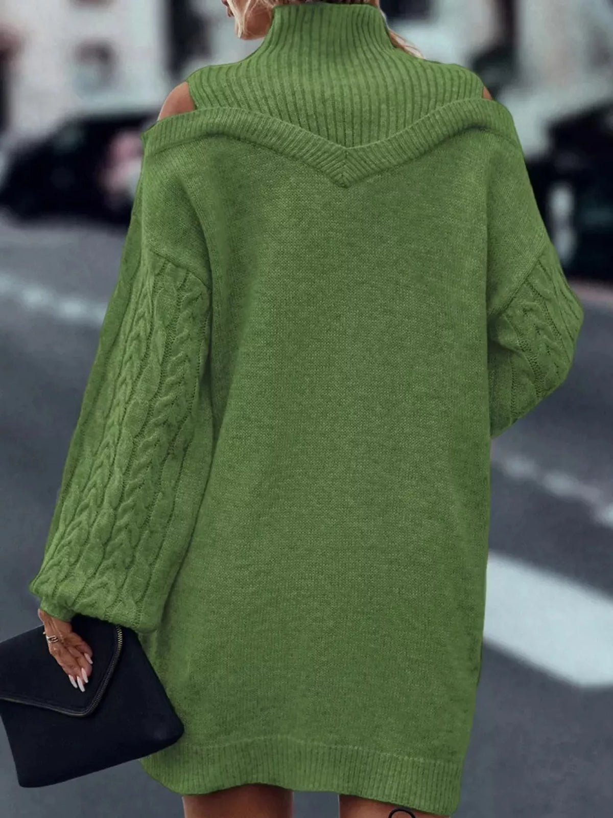 Green cold shoulder cable knit mock neck sweater dress, back view