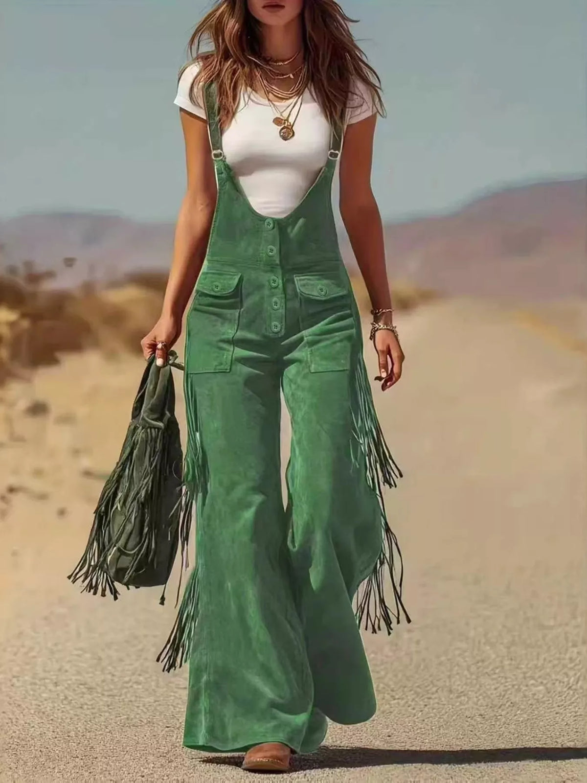 Army green fringe detail flare leg overalls